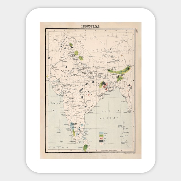 Old India Industrial Resources Map (1907) Vintage South Asia Natural Commodity Atlas Sticker by Bravuramedia